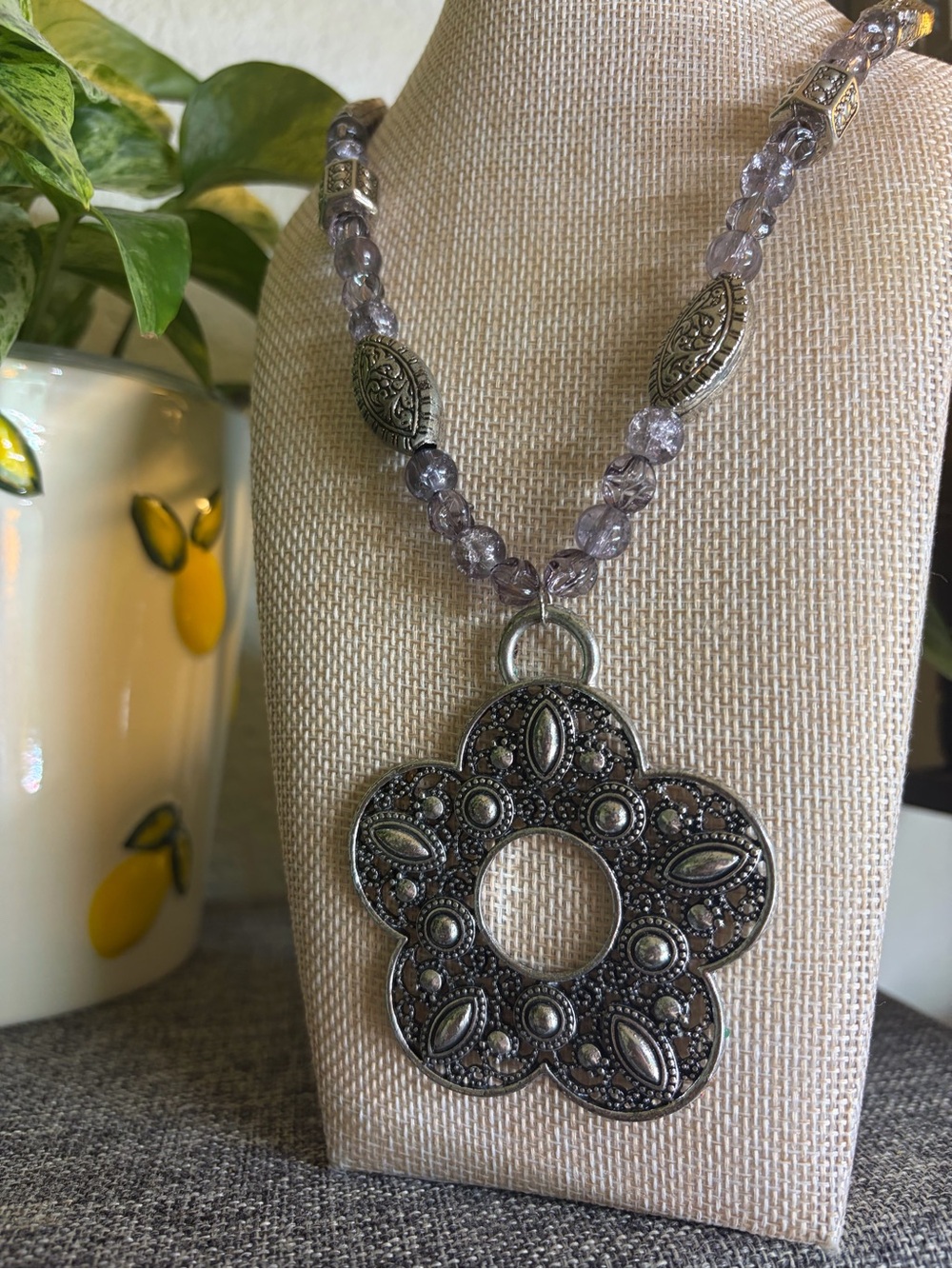 Handmade Antique-Style Silver Floral Pendant Necklace with Lilac Beads